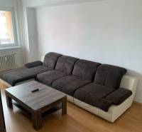 A sofa and a coffee table on a floor with a wooden decor in a 2-room apartment.