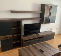 Living room wall unit with a television in a 2-room apartment, floor with wood decor.