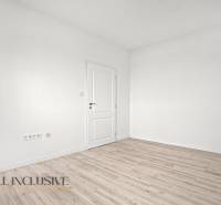 A white room with a wood-patterned floor, white doors, and drawers in a 2-room apartment.