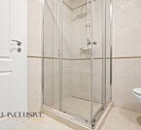 A bathroom with a glass shower enclosure and tiles in a 2-room apartment.