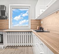 A kitchen in a 2-room apartment with a wood-patterned floor and a view of the sky.