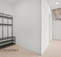 A hallway in a 2-room apartment with a wall-mounted coat rack and tiled flooring.