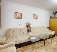 Living room in a cabin with a sofa, wardrobe, coffee table, and wooden decor flooring.