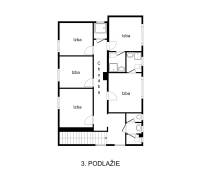Floor plan of the third level of the cottage: rooms, bathrooms, and hallway.