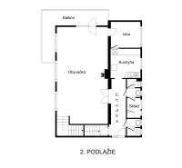 Floor plan of the second level of the cottage with a living room, kitchen, bedroom, and balcony.