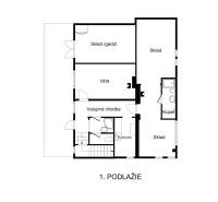 Floor plan of the first level of the cottage with a room, kitchen, and storage areas.