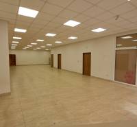 Space with tiles, ceiling lights, and doors in commercial premises.