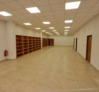 Retail space with shelves, tiles, and a white ceiling with lights.