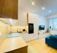 A kitchen unit with a wooden decor in a 2-room apartment with a bright living room.
