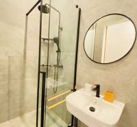 A bathroom in a 2-room apartment with a round mirror, a shower corner, and masonry walls.