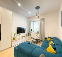 Living room in a two-room apartment with a blue sofa and a floor with a wooden decor.