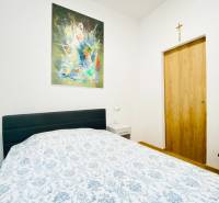 Bedroom with a painting on the wall, a bed, and a nightstand in a two-room apartment.