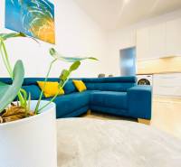 Living room in a two-room apartment with a sofa and an abstract painting on the wall.