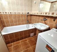 Bathroom with a bathtub in a 3-room apartment, brown tiles, sink, and washing machine.