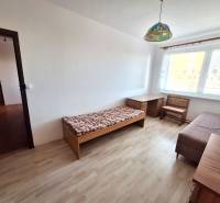 A room in a three-room apartment with a wood-patterned floor, basic furniture, and a large window.