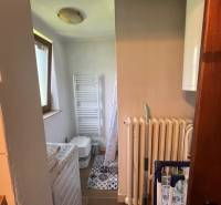 Small bathroom with a washing machine, radiator, and toilet, suitable for a cottage.