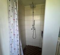 Shower corner with a curtain in a cabin, floor with wooden decor and floral curtain.