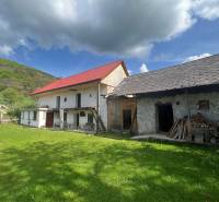 Countryside houses with red roofs, stony exterior, green lawn, forest, and blue sky.