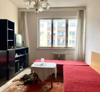 Living room in a 3-room apartment with a red sofa, carpet, older television, bright space.