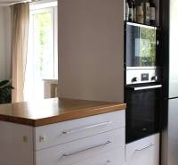 Kitchen in a 3-room apartment, dark cabinet with built-in oven, next to the refrigerator.