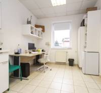 An office with tiles, a space with a computer, furniture, and a coffee maker.