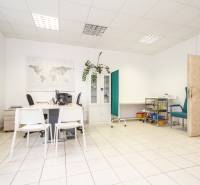 Office with white furniture, world map, green wall, sanitary equipment, and a plant.