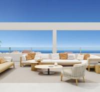 Terrace of a recreational apartment in Torrevieja with seating, ocean and blue sky in the background.