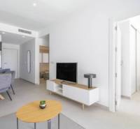 Recreational apartment with an open living room, dining table, and wood-decorated flooring.