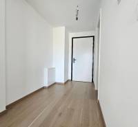 Hallway in a one-room apartment with white walls and a floor with a wood decor.
