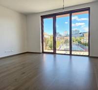 A spacious room with a wooden decor floor and a large window in a studio apartment.