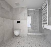 A bathroom in a studio apartment with modern furnishings, a shower enclosure, and large-format tiles.