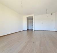 An empty room with a wood-patterned floor in a studio apartment.