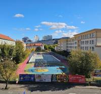 Playground and sports field in Bratislava - Ružinov, on Košická Street surrounded by buildings.