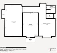Layout of a 2-room apartment: living room, bedroom, kitchen with hallway, bathroom, toilet, two balconies.