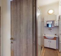 A bathroom with a sink, shower, and wooden decor flooring in a 2-room apartment.