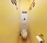 Toilet with wooden decor flooring in a 2-room apartment, yellow walls, decorations on the walls.