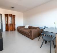 Living room with a sofa and a display cabinet, wooden decor flooring in a 3-room apartment.