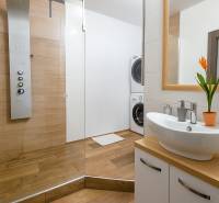 Bathroom in a 3-room apartment with a sink, shower, and washing machine, featuring a floor with a wooden decor.
