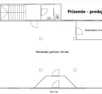 Ground floor layout with a commercial space and an office in a family house.