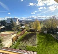 A garden at a family house in Bolešov with a view of the mountains, lawn, and trees.