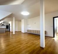 Living room in a family house with a kitchen and a floor with a wooden decor.