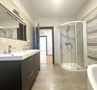 A bathroom in a family house with a double sink, a shower corner, and a wooden decor floor.