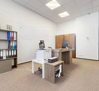 Office with furniture, desk, and shelves in commercial premises with carpet.