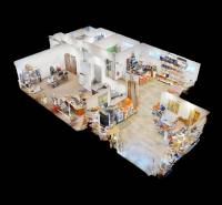 3D floor plan of commercial spaces with shelves and office equipment.
