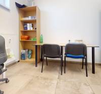 Office space with a shelf, chairs, and desks with a wood-patterned floor.