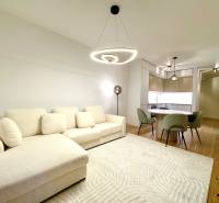 Living room in a two-room apartment with a wooden decor floor and light furniture.