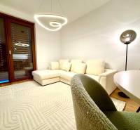 Living room in a two-room apartment with a wooden decor floor, a comfortable sofa, and lighting fixtures.