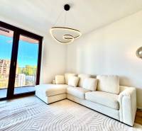 Living room with a white couch, floor lamp, and wood-patterned flooring.