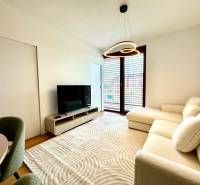 Living room in a two-room apartment with a sofa, television, and wooden decor flooring.