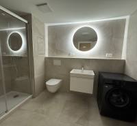 Bathroom with toilet in a 2-room apartment with a washing machine and shower, backlit mirror.